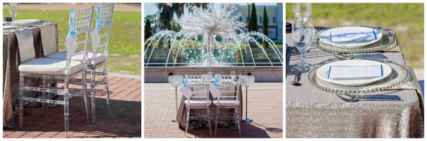 Clear Chiavari Chairs, Crystal Tree Decor, Silver Beaded Chargers, Contemporary Captures Photography, Frozen Styled Photo Shoot, A Chair Affair Event Rentals