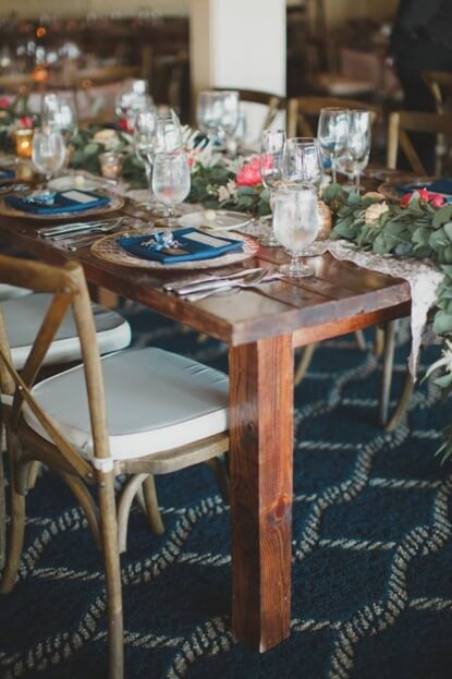 Carlouel-Yacht-Club-By-The-Robinsons-Nautical-Weddings-Rustic-Farm-Tables-French-Country-Chairs-Gold-Rim-Glass-Chargers-A-Chair-Affair-Event