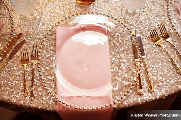Gold Beaded Glass Chargers, Tavern and Chapel in the Garden, Kristen Weaver Photography, A Chair Affair Event Rentals