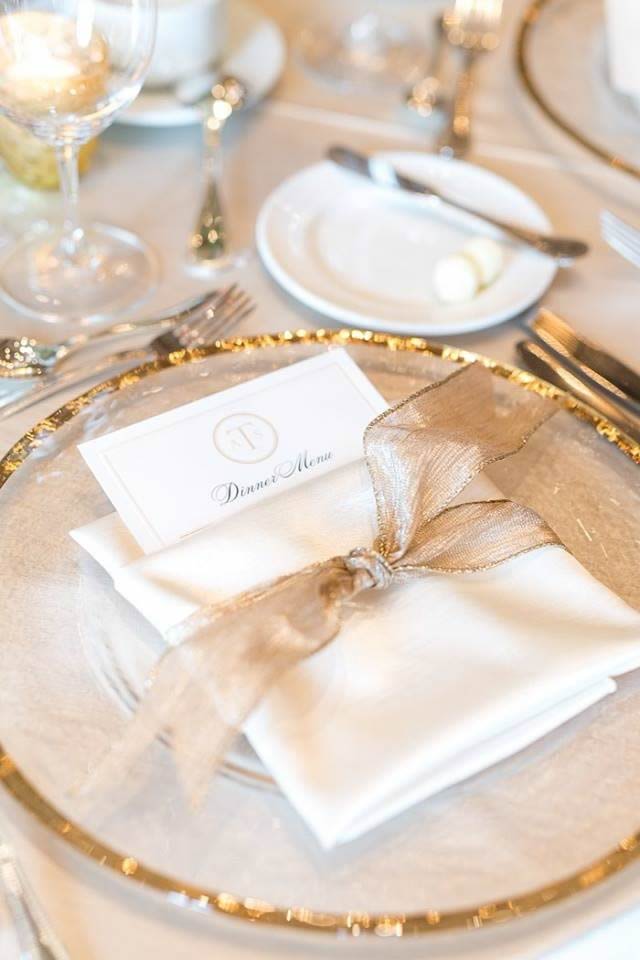 blush and gold wedding charger and menu