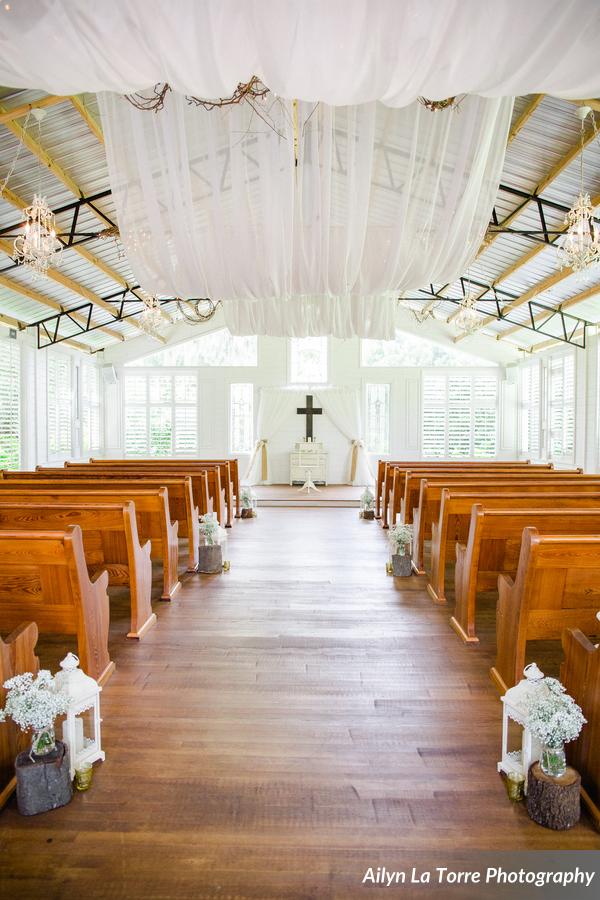 elegant rustic ranch wedding ceremony decore church pews