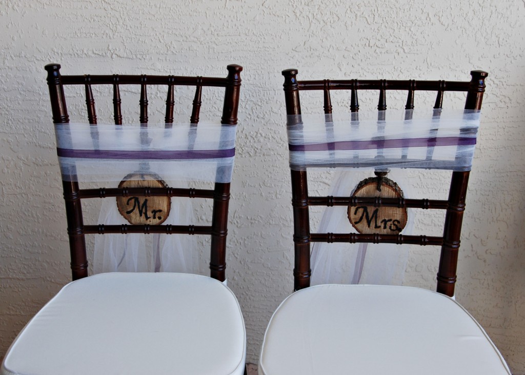 Mr and Mrs tages for wooden chiavari chairs Space Coast wedding rentals A Chair Affair blog