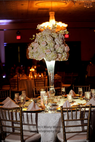 White Hydragena and pink rose wedding centerpiece Misty Miotto