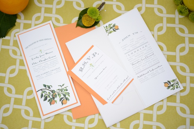 Clearly In Focus, Garden Chateau, A Chair Affair, Citrus invitations