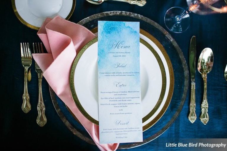 watercolor wedding inspiration gold rimmed charger and flatware