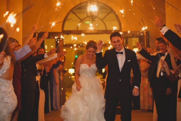 ivory, blush and gold wedding sparkler exit