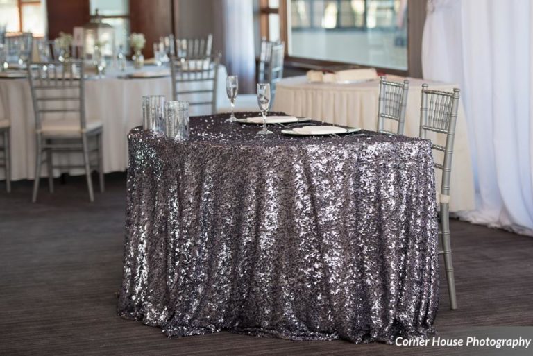 silver and purple wedding sweetheart table