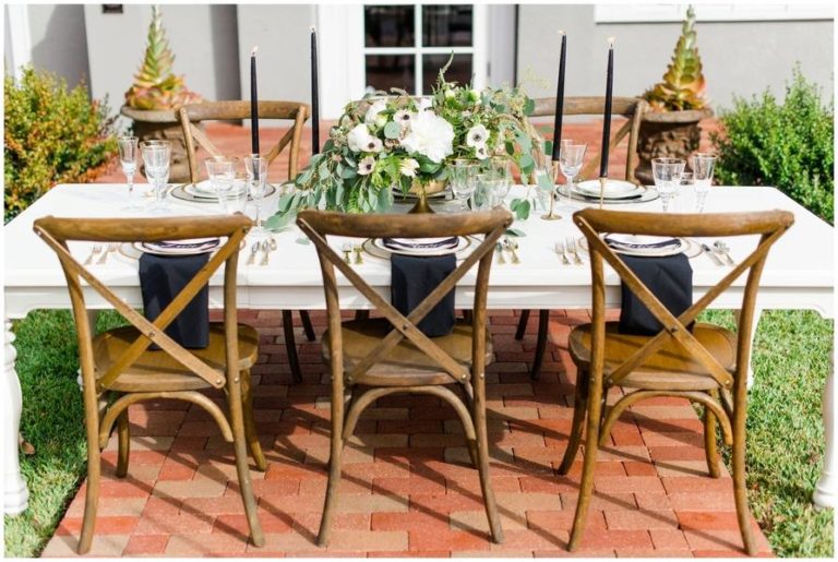 black and white capen house elopement, french country chairs