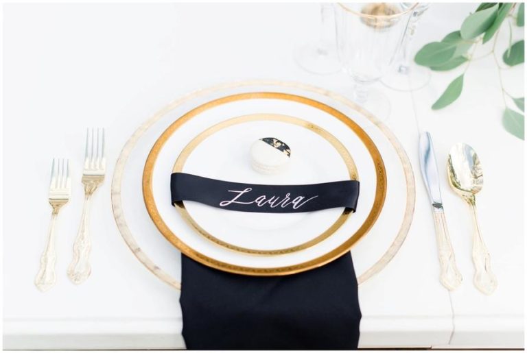 black and white capen house elopement, gold rim charger