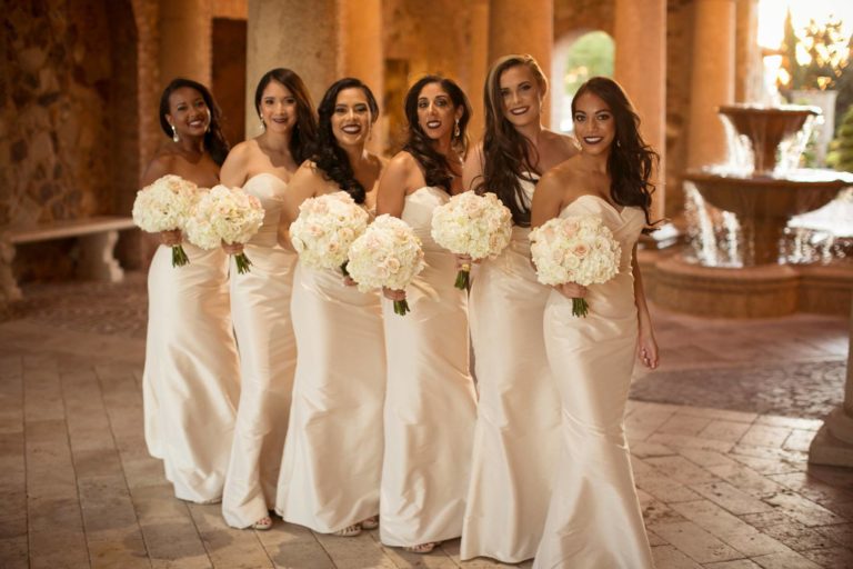 ivory and gold bella collina wedding, bridesmaids