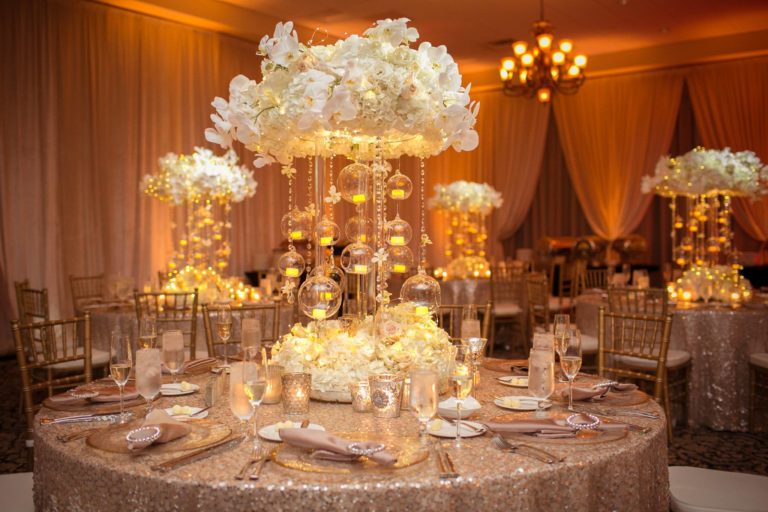 ivory and gold bella collina wedding, centerpieces