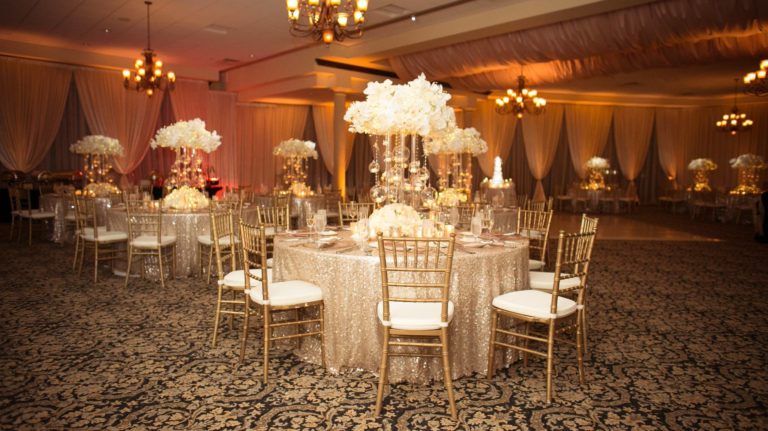 ivory and gold bella collina wedding, reception decor