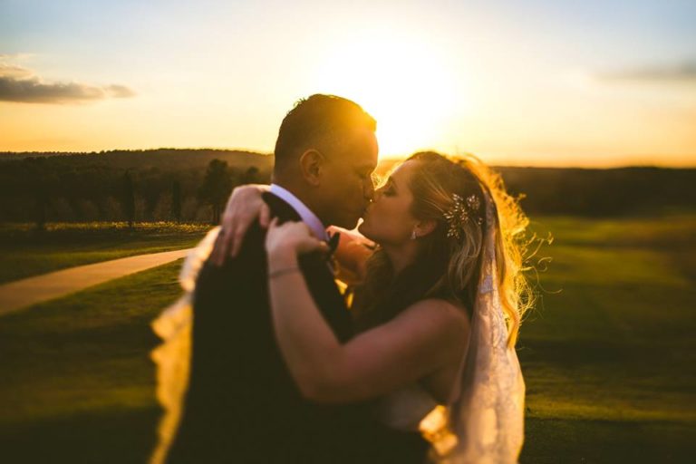 White Bella Collina Wedding Bride Groom Sunset