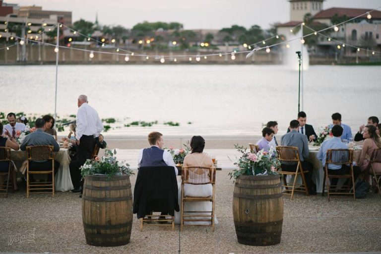 Lake Mirror Wedding whiskey barrels reception