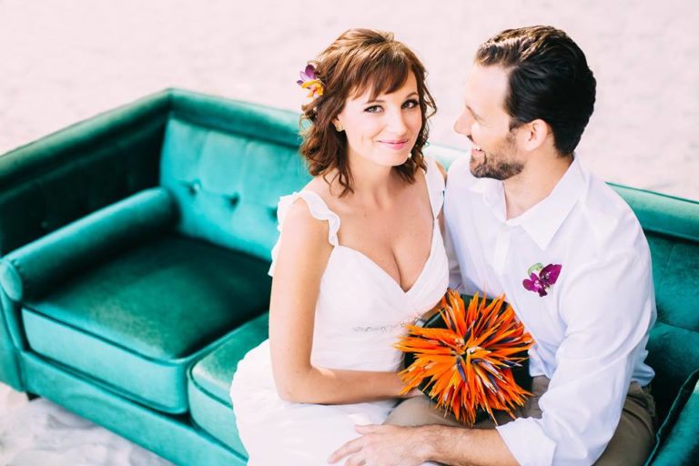 beach wedding inspiration emerald sofa