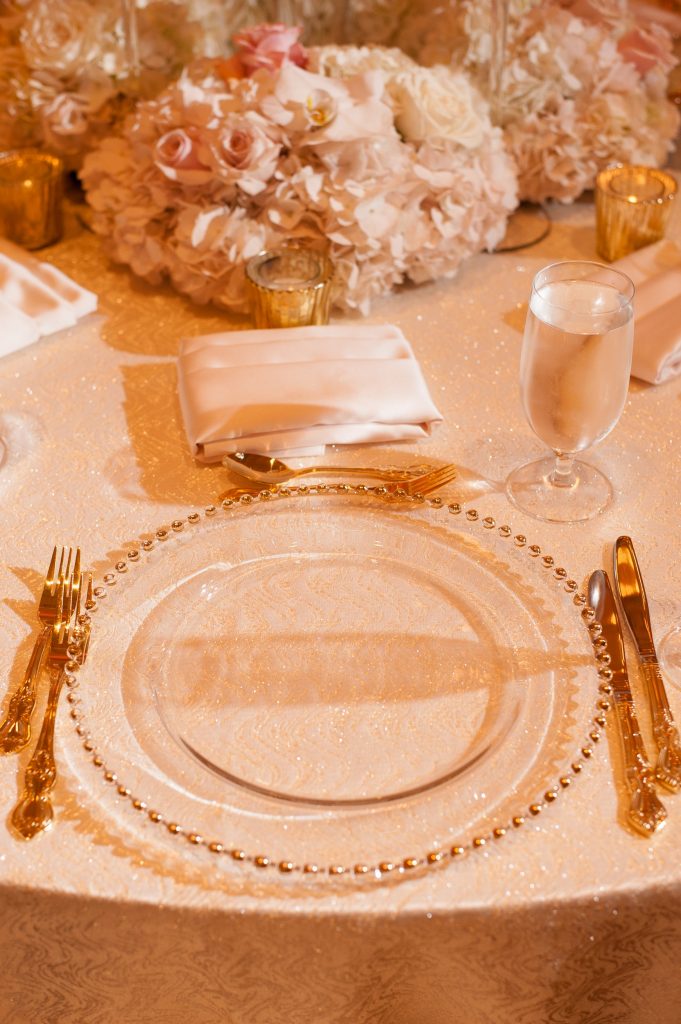 waldorf astoria wedding disney a chair affair gold belmont charger gold Baroque flatware