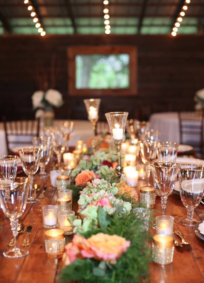 Enchanting Barn Wedding Inspiration A Chair Affair farm table gold stemware