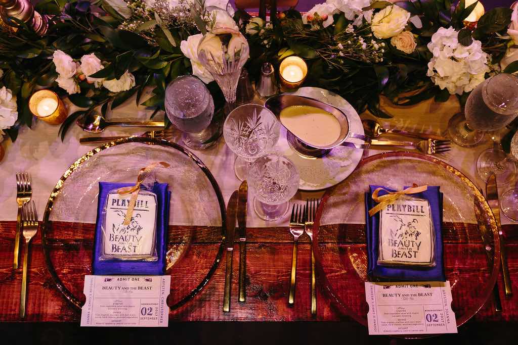 Broadway-inspired Wedding at Straz Center A Chair Affair Gold Rim Glass Chargers