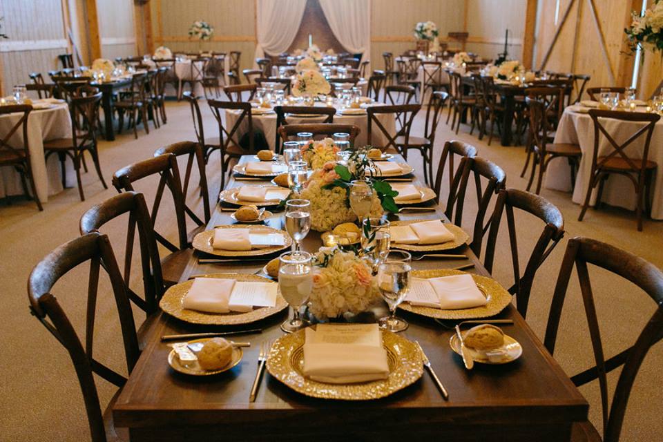 October Oaks Farm Wedding A Chair Affair mahogany french country chairs gold octo chargers