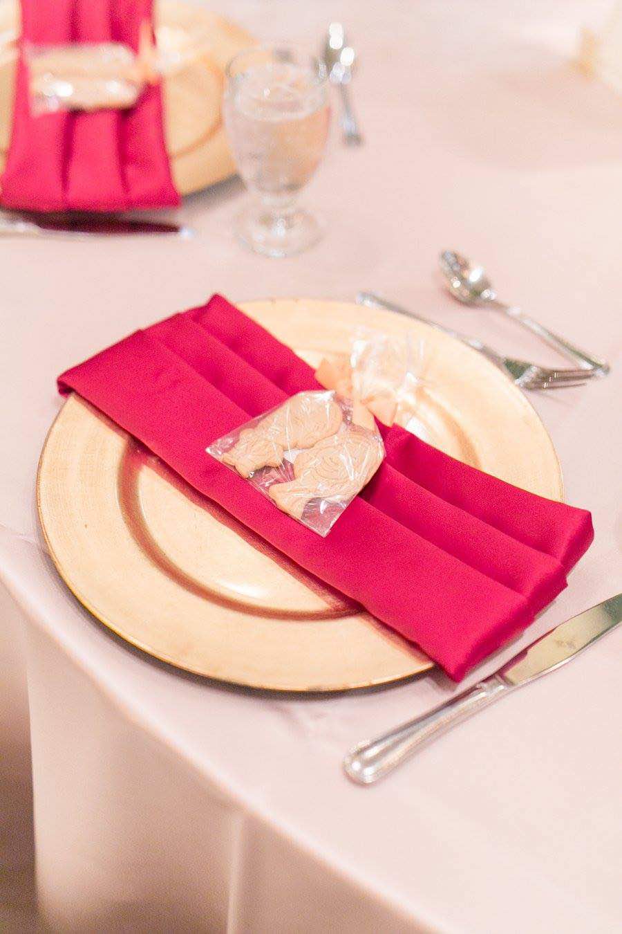 Red and Gold Mission Inn Resort Wedding A Chair Affair Gold Glass Charger