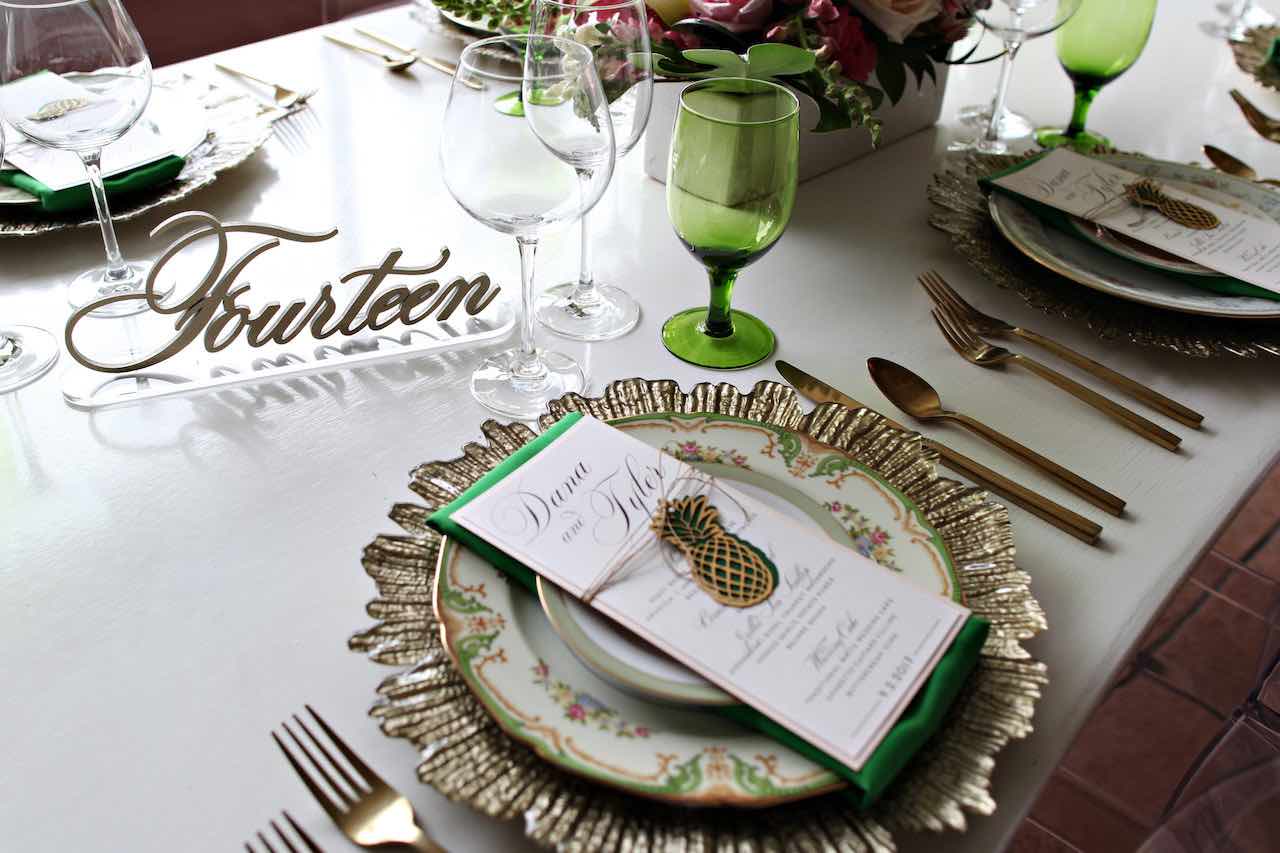 Vinoy Renaissance Wedding A Chair Affair Gold Seaburst Charger and Mismatched China Gold Flatware Green Goblet