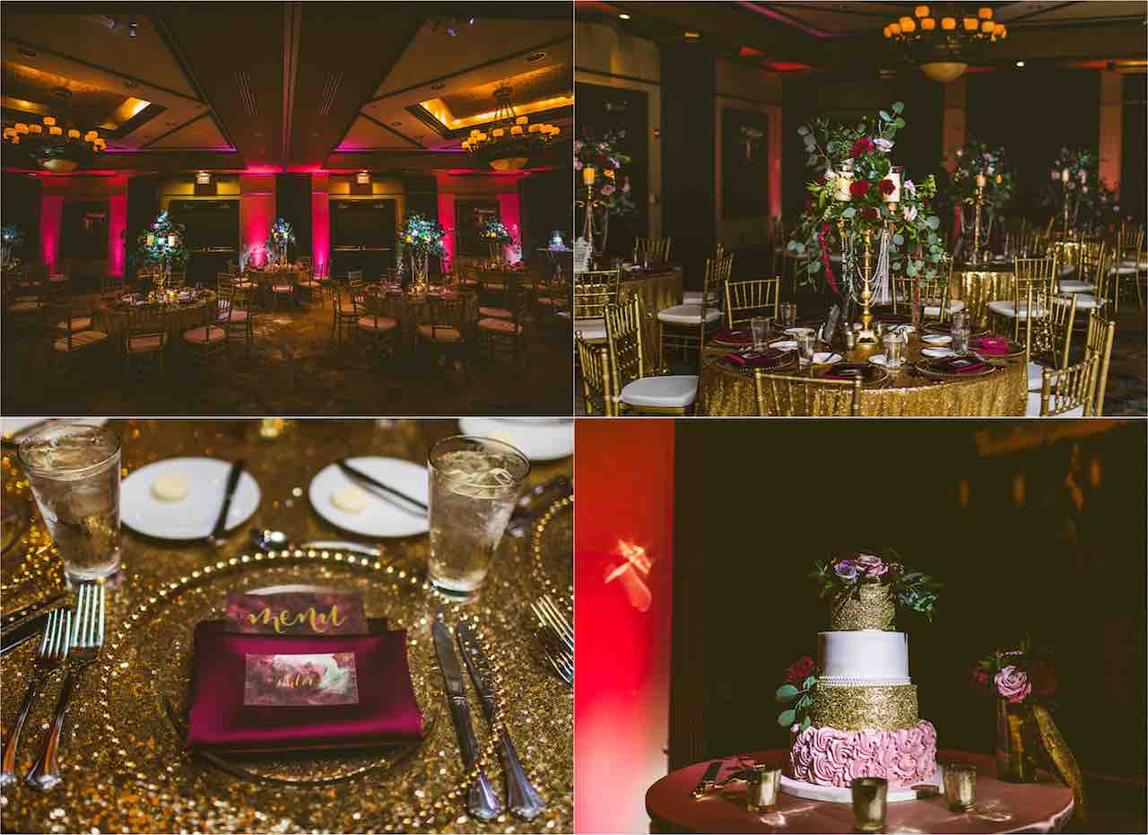 Romantic Cranberry and Gold Grand Bohemian Wedding A Chair Affair Gold Chiavari Chairs and Gold Belmont Charger