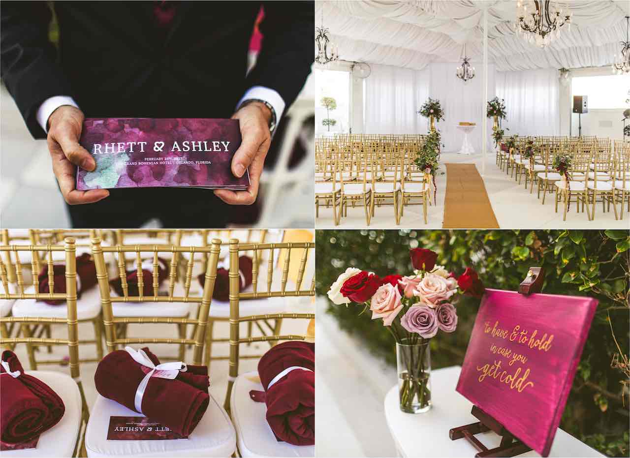 Romantic Cranberry and Gold Grand Bohemian Wedding A Chair Affair Gold Chiavari Chairs