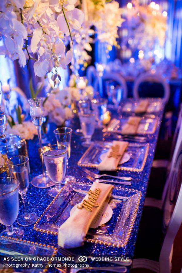 white and navy wedding A Chair Affair reception square gold belmont chargers