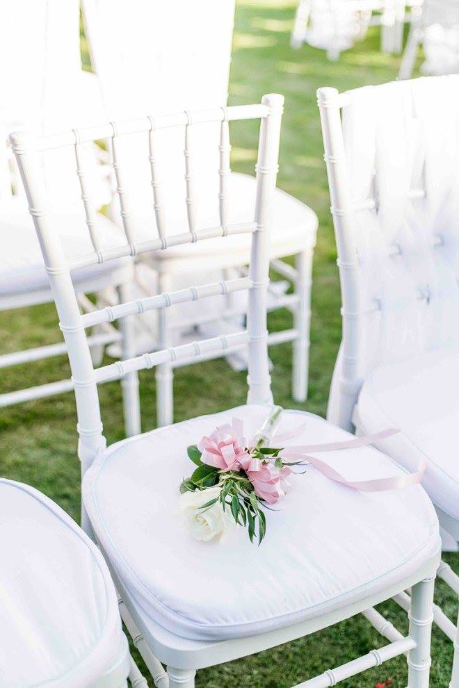 Ivory and gold Bella Collina wedding A Chair Affair white Chiavari chairs