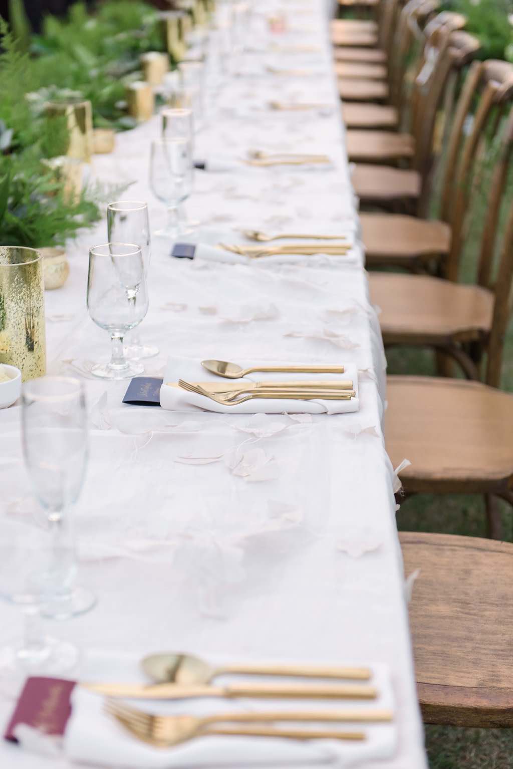 navy and burgundy wedding A Chair Affair reception brushed gold flatware