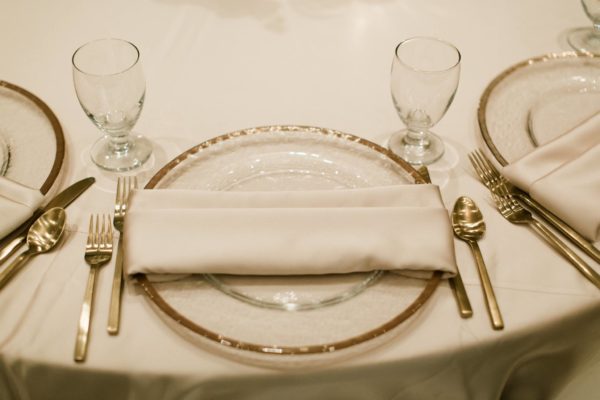 Gold Flatware, Gold Rim Chargers, A Chair Affair, Finny Hill Photography, Mahaffey Theater Wedding