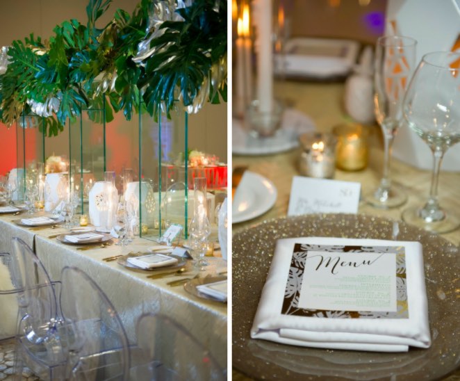 Modern Gold Ballroom Wedding Shoot A Chair Affair Ghost chairs and champagne glitter glass chargers