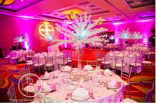 Alyssa and Claudel Lake Mary Wedding A Chair Affair Crystal Trees on Table