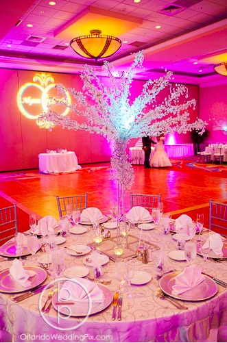 Alyssa and Claudel Lake Mary Wedding A Chair Affair crystal trees and silver Chiavari chairs