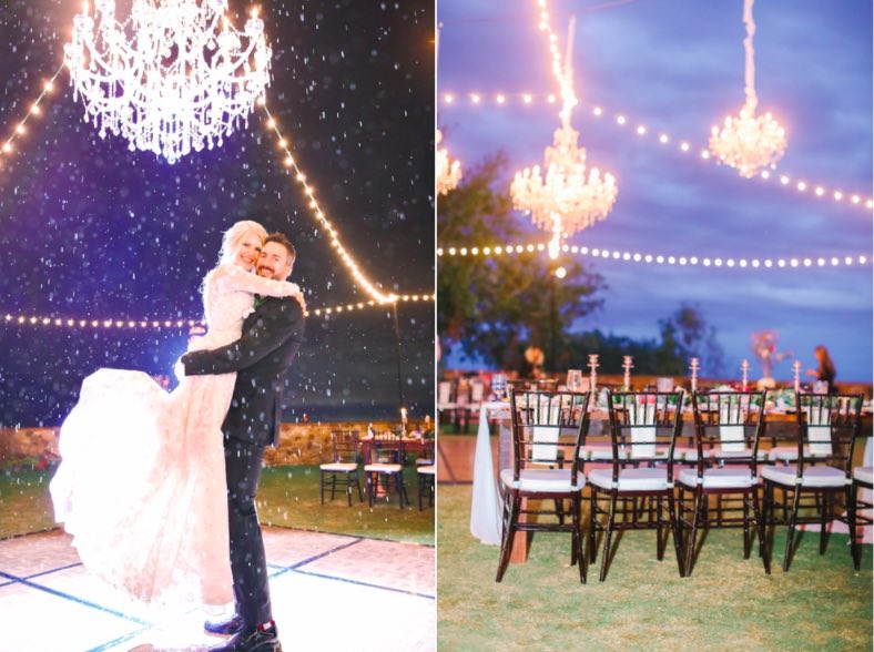 Fairytale Florida Wedding A Chair Affair Black Chiavari Chairs and white sparkle dance floor Bella Collina couple Lindsay and Jarrus