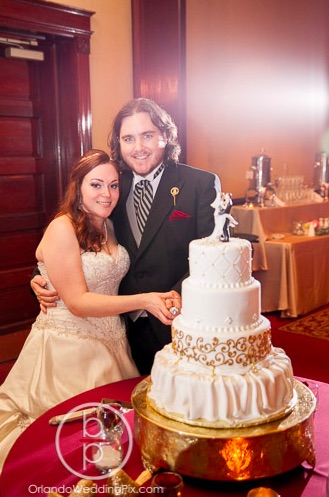 red and gold wedding downtown Orlando Heather and Joe Ballroom at Church Street Orlando Wedding Pix A Chair Affair gold cake stand