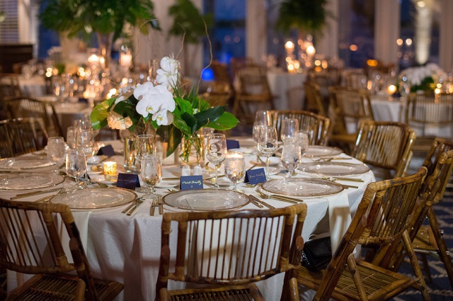 Carlouel Yacht Club Old Florida Wedding-Gold Rim Chargers-Bamboo Chairs-A Chair Affair