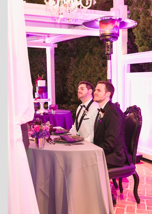 Rafael and Matt winter Cypress Grove Estate Wedding LGBT Wedding A Chair Affair newlyweds in black dynasty chairs Captured by Elle