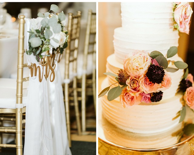 Portofino Bay Wedding-Ballroom Reception- Gold Chivari Chairs and Cake-A Chair Affair