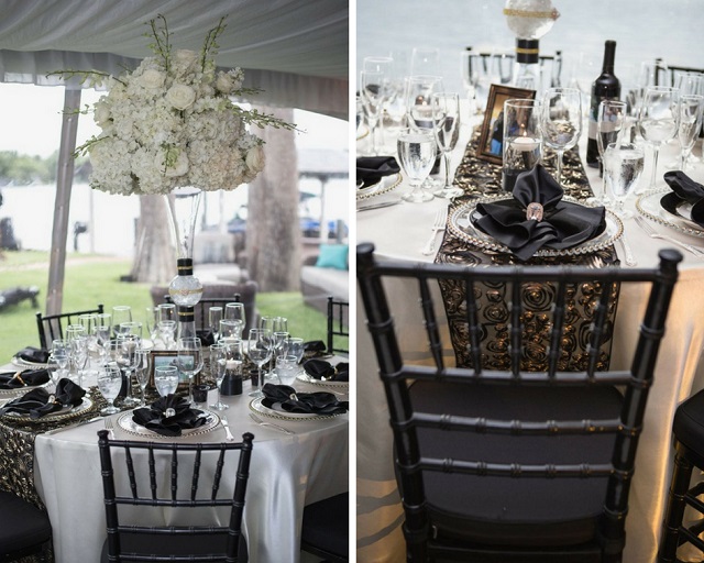 Private Home Engagement Party-tall centerpiece-black chiavari chairs-gold belmont chargers-a chair affair