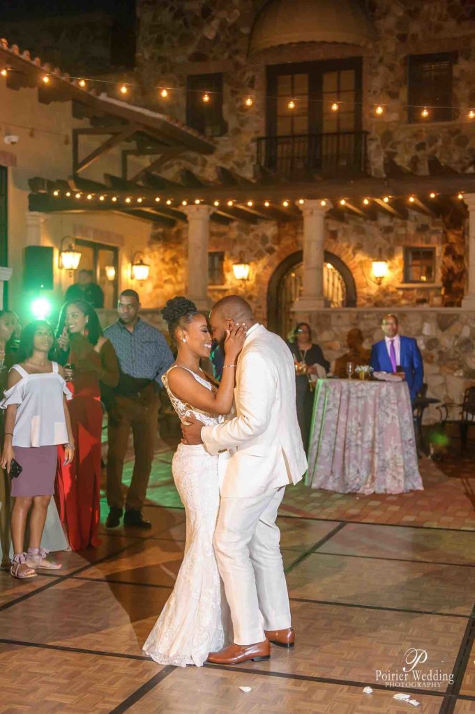 Valisha and Philip Pastel and Gold Bella Collina Wedding A Chair Affair Mahogany Dance Floor First Dance