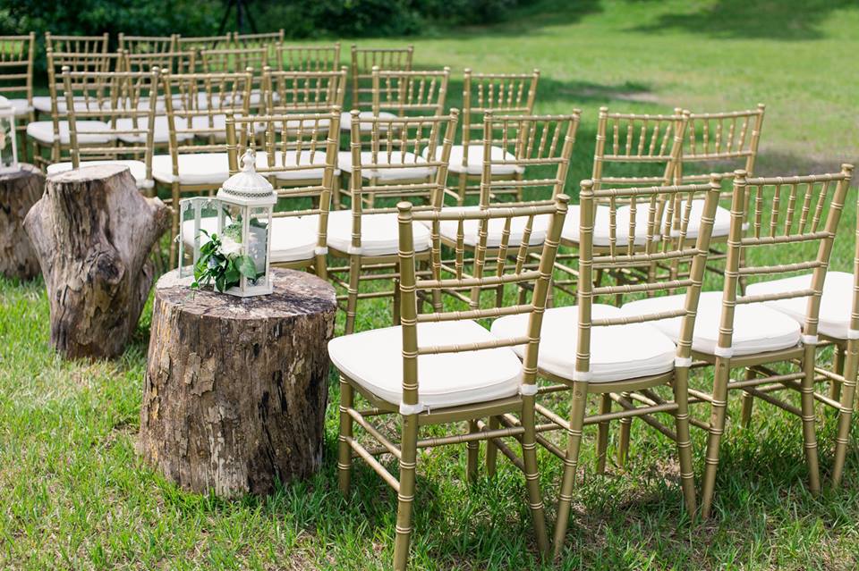 Romantic Wedding at the Mulberry A Chair Affair gold chiavari chairs ceremony