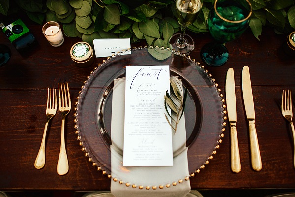 Casa-Feliz-Wedding-A-Chair-Affair -Farm-Tables-gold-chargers-gold-flatware