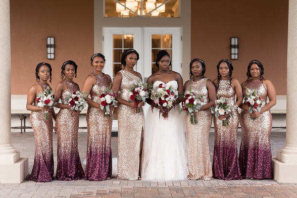 Gold and store wine bridesmaid dresses