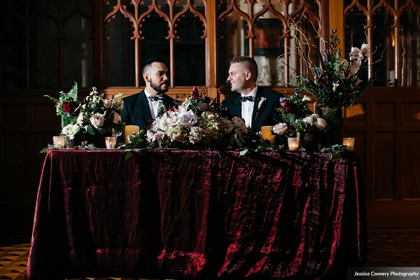 Stetson Mansion, Intimate LGBT Wedding styled shoot, Burgundy and gold wedding