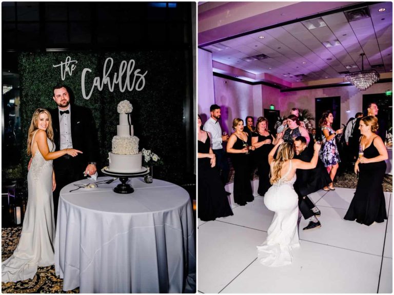 Bella Collina bride and groom cutting cake