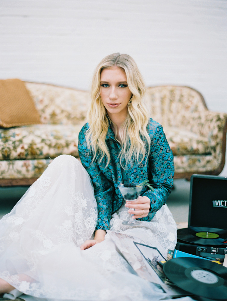 Model with Records and Vintage Sofa