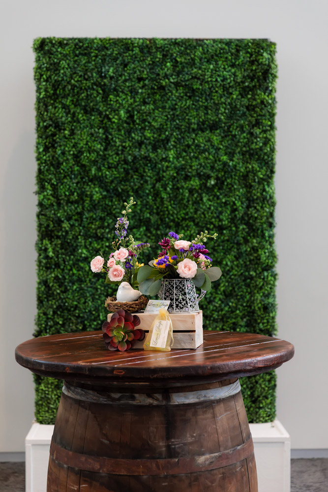 Wine Barrel Table and Hedge Wall