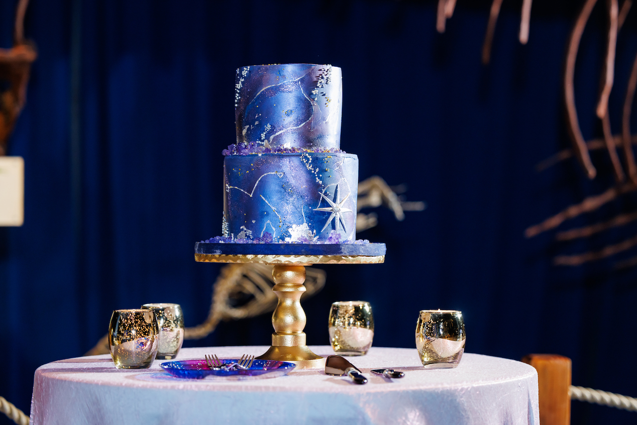 whimsical two tiered wedding cake
