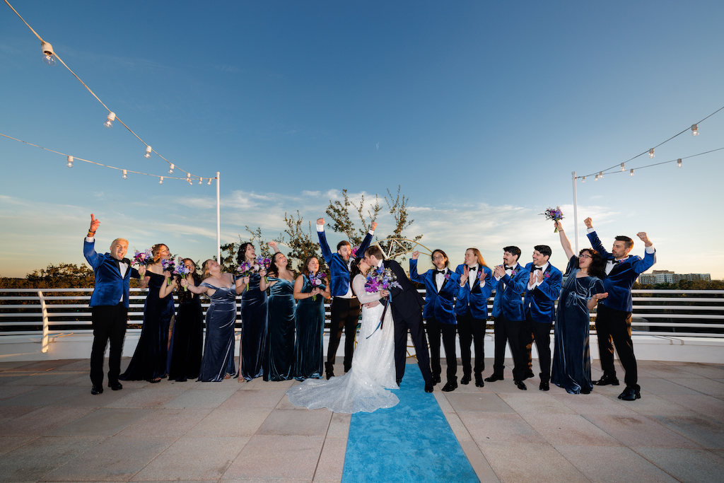 light blue carpet runner and wedding party
